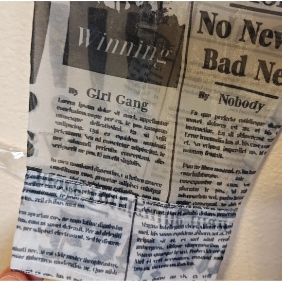 Forever 21 Shirt Womens Medium Black White Newsprint Button Up Sheer Blouse Top - Picture 6 of 12